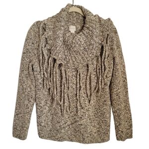 Chico's Sweater M Medium Cowl Neck Tassle Tan Long Sleeve